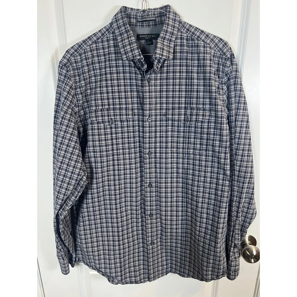 Banana Republic Mens Button Down Shirt Slim Fit Plaid Blue Large